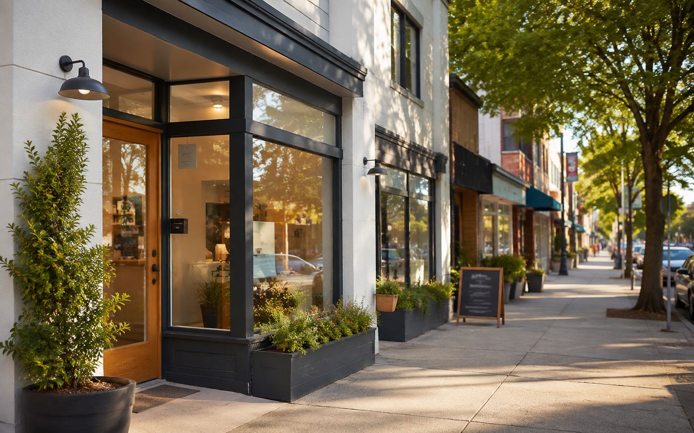 A welcoming neighbourhood pharmacy storefront on a tree-lined street, warm afternoon light